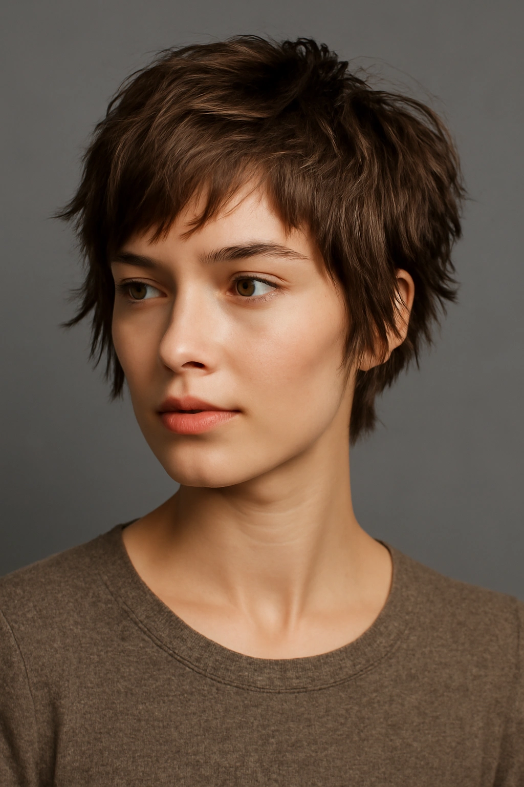Close-up of a woman with a textured crop and longer face-framing front pieces