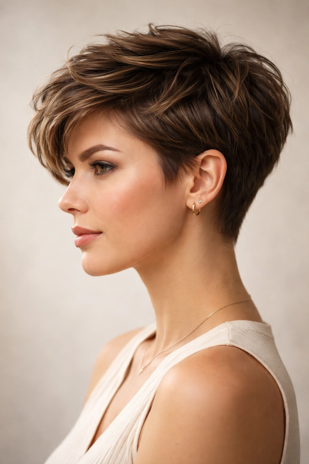 Profile portrait of a textured crop with longer top and short sides softening jawline