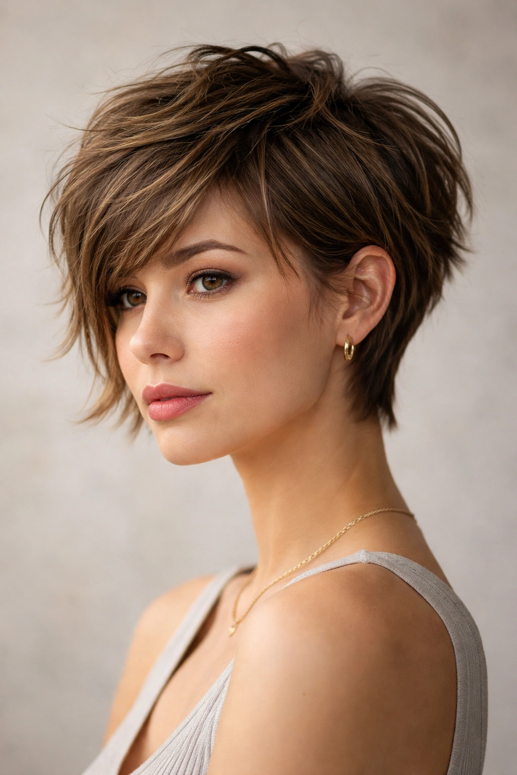 Close-up of a model with the textured crop with longer sides showing layered, tousled hair