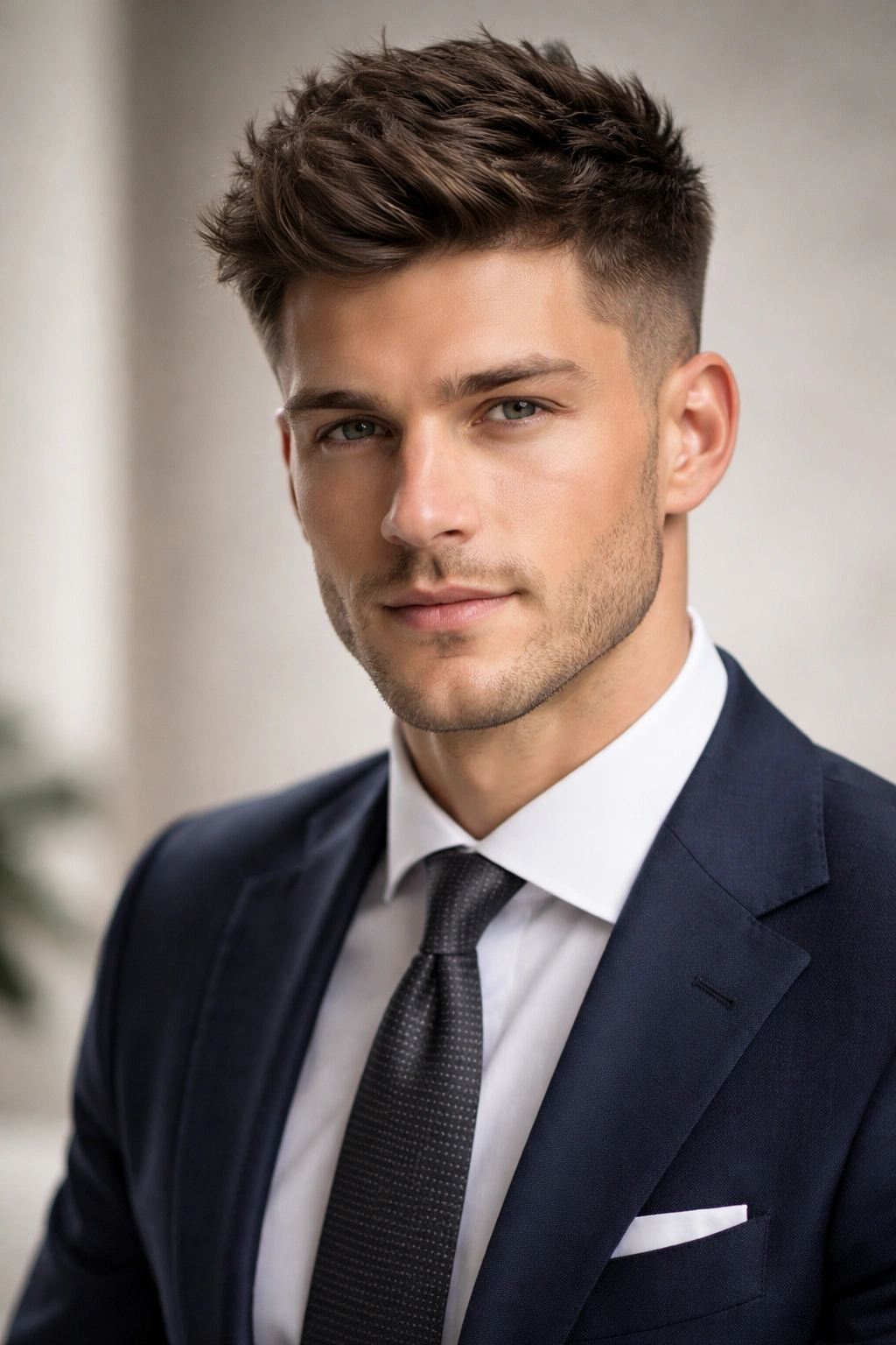 Portrait of a young professional with a textured crop hairstyle showing modern, professional style