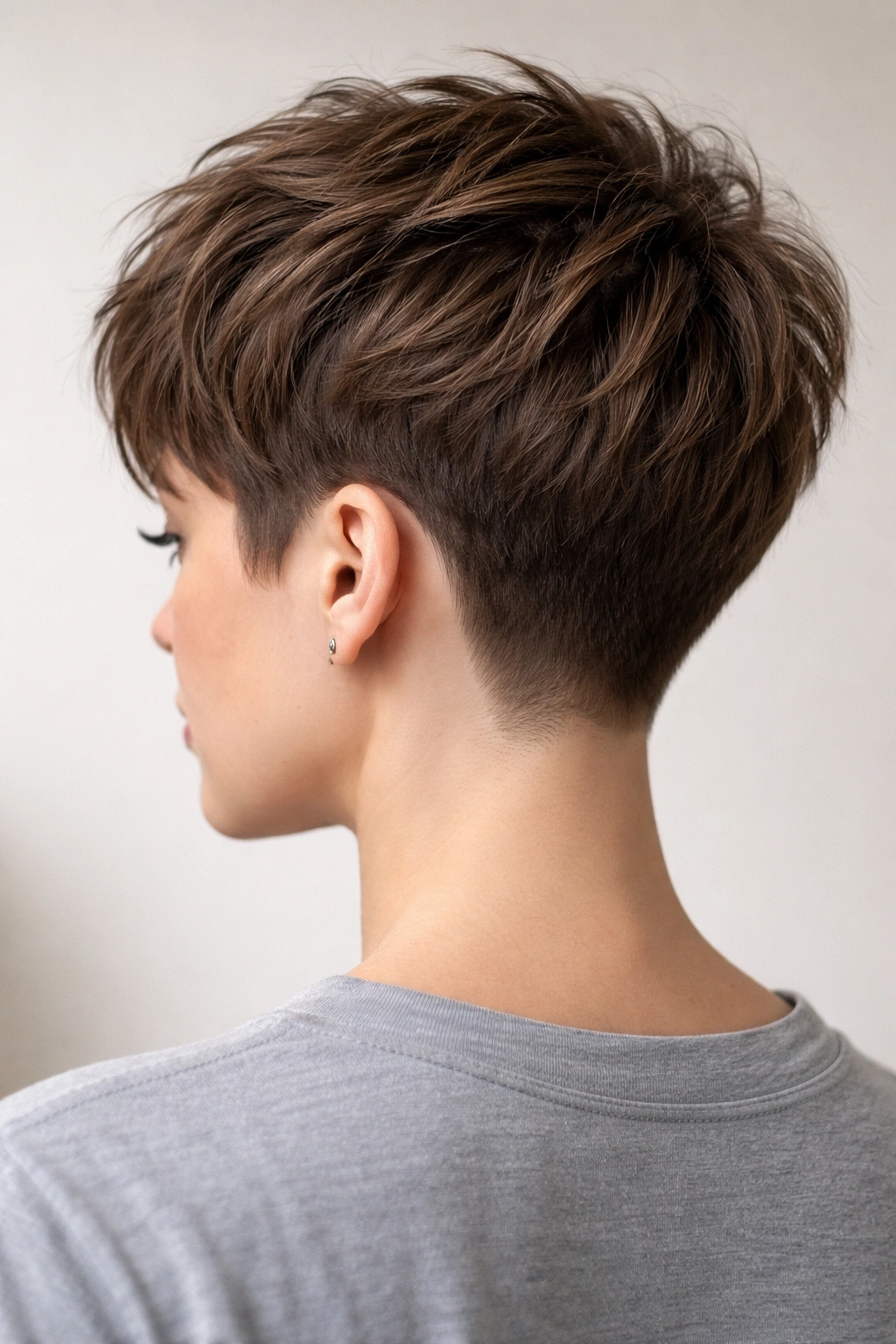 Back/three-quarter view of a textured crop with a tapered nape