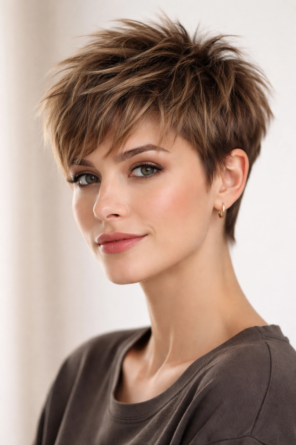 Portrait of a pixie with short sides and a textured, layered top.