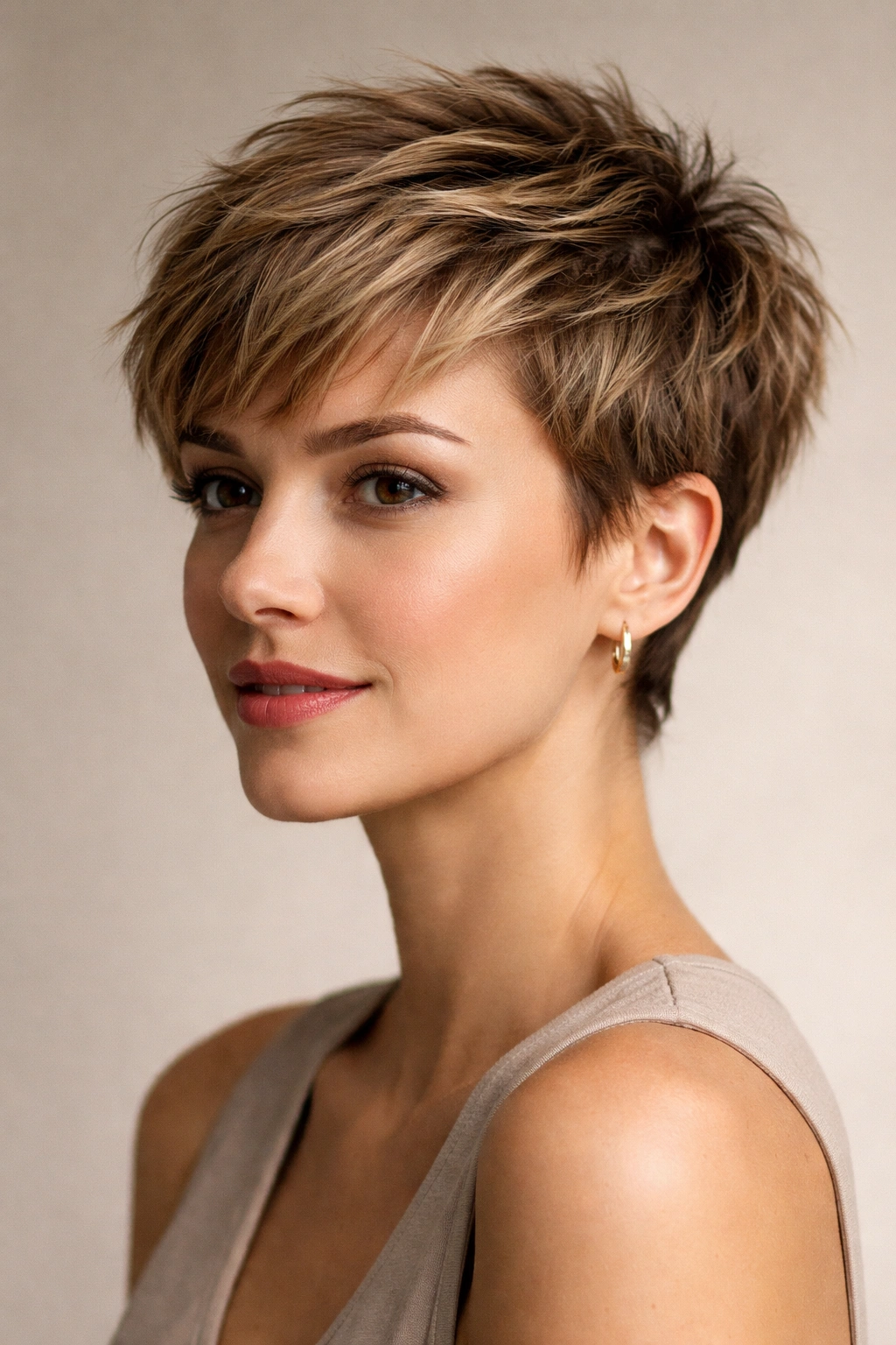 Portrait of a woman with a textured crop pixie showing choppy, moveable layers.