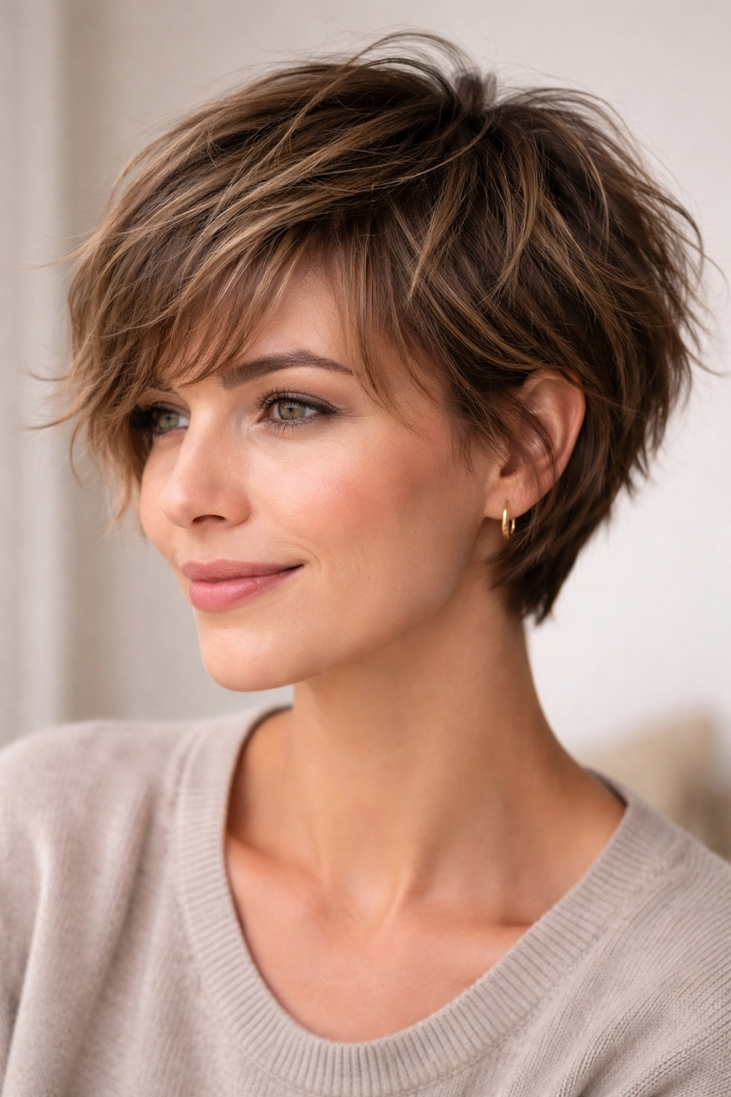 Close-up portrait of a person with an ear-length textured crop and movement