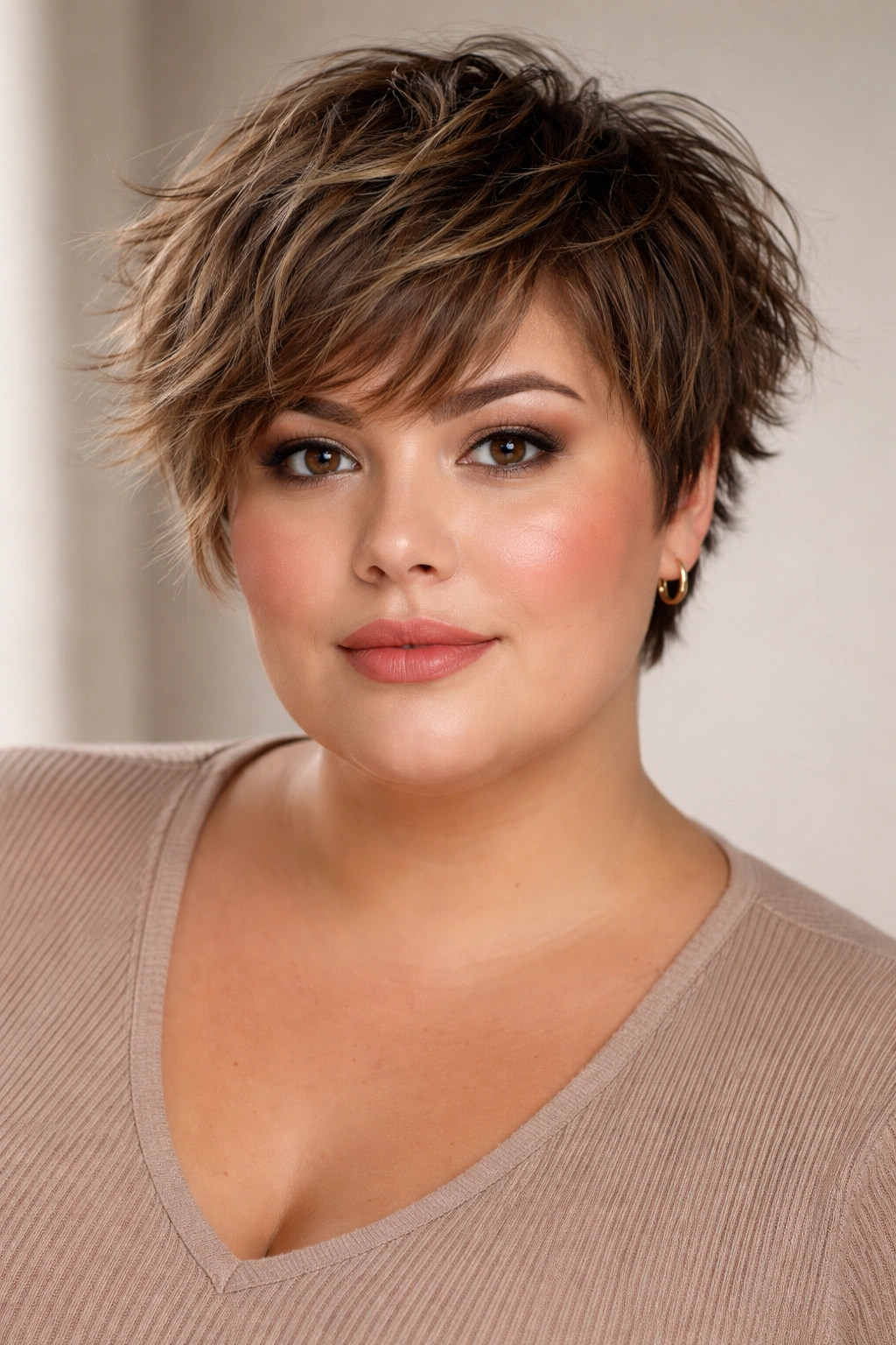12 Short Haircuts For Plus Size Women With Round Faces 9 Tousled textured crop hairstyle with messy, layered hair in a studio portrait