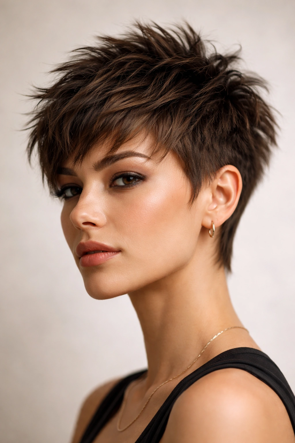 15 Short Shag Haircuts With Lived In Texture 6 Portrait of the textured crop shag showing high crown and cropped sides.