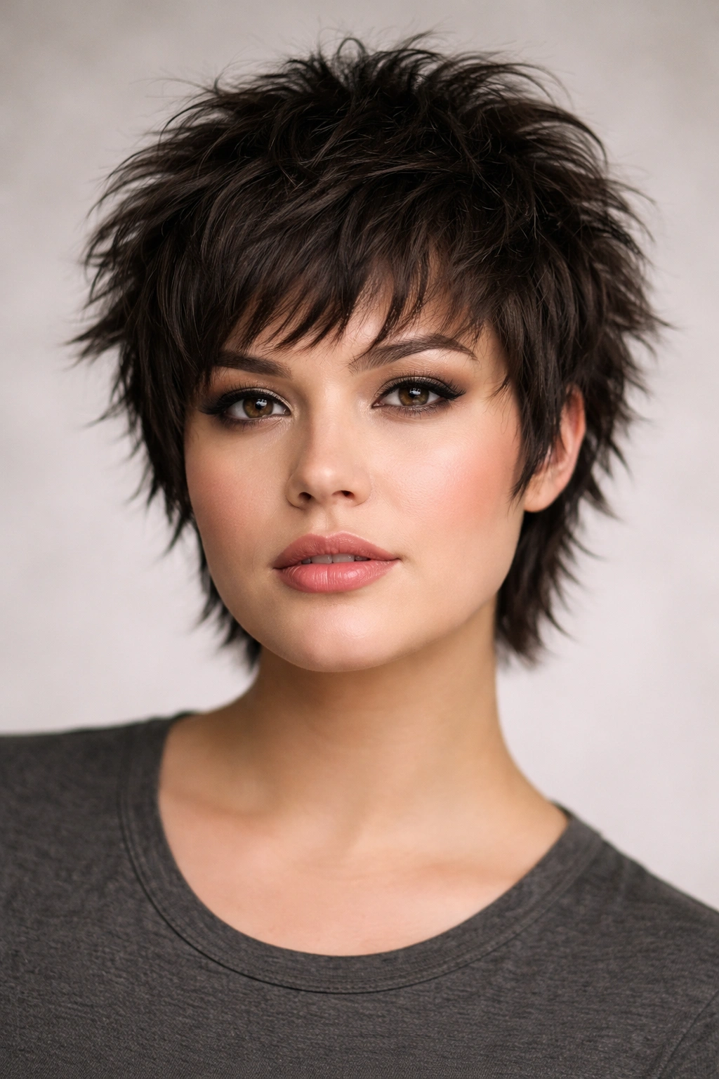 Coarse-haired model with a textured crop shag giving height on a round face