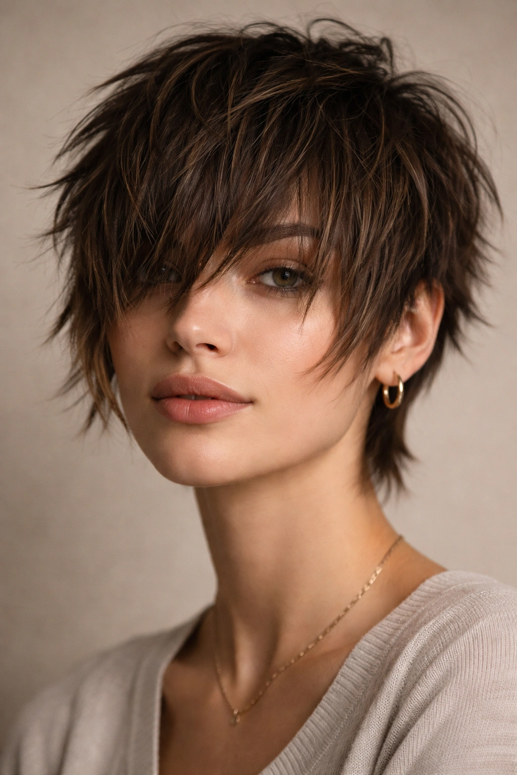 18 Pixie Cuts With Bangs For Any Face Shape 11 Portrait of The Textured Crop with Shaggy Bangs showing choppy layers and shaggy bangs.