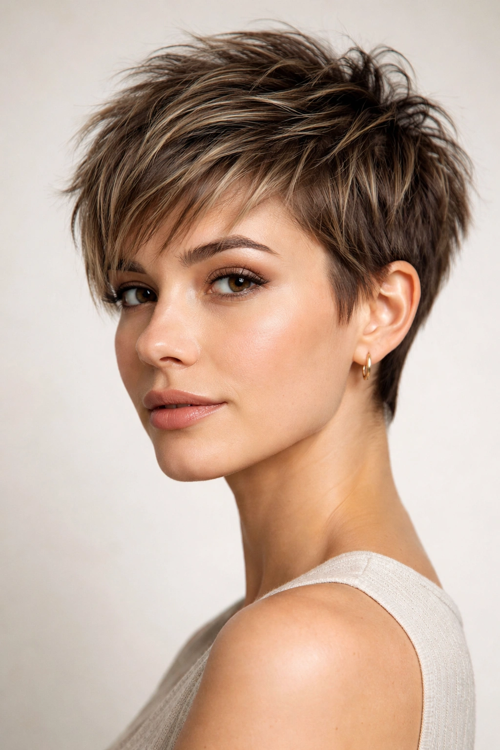Woman with a short, textured crop featuring choppy top layers