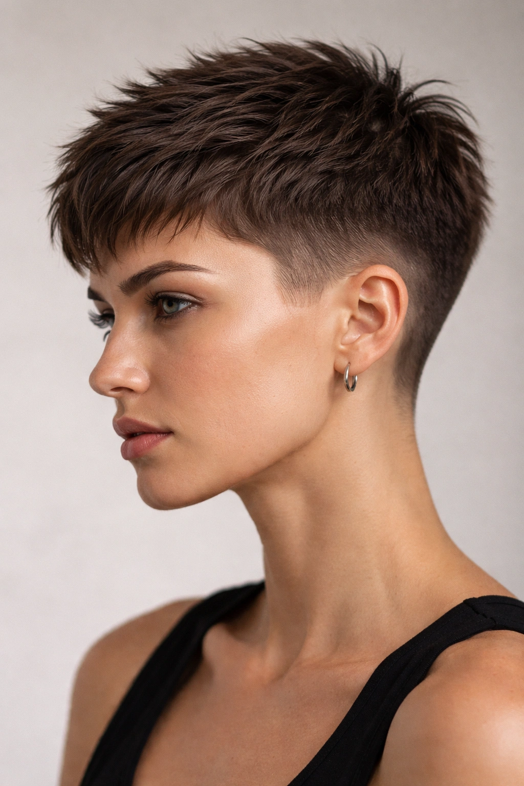 Portrait showing a short textured crop with visible top texture and tapered sides