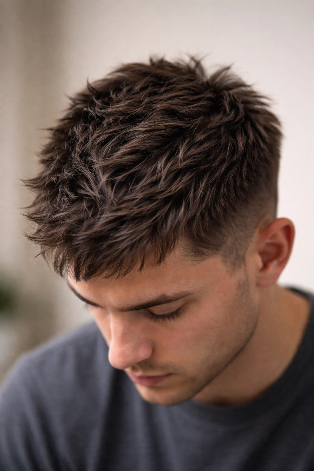 10 Haircuts That Cover Up A Crown Cowlick 1 Close-up of a short textured crop with choppy crown layers hiding a cowlick