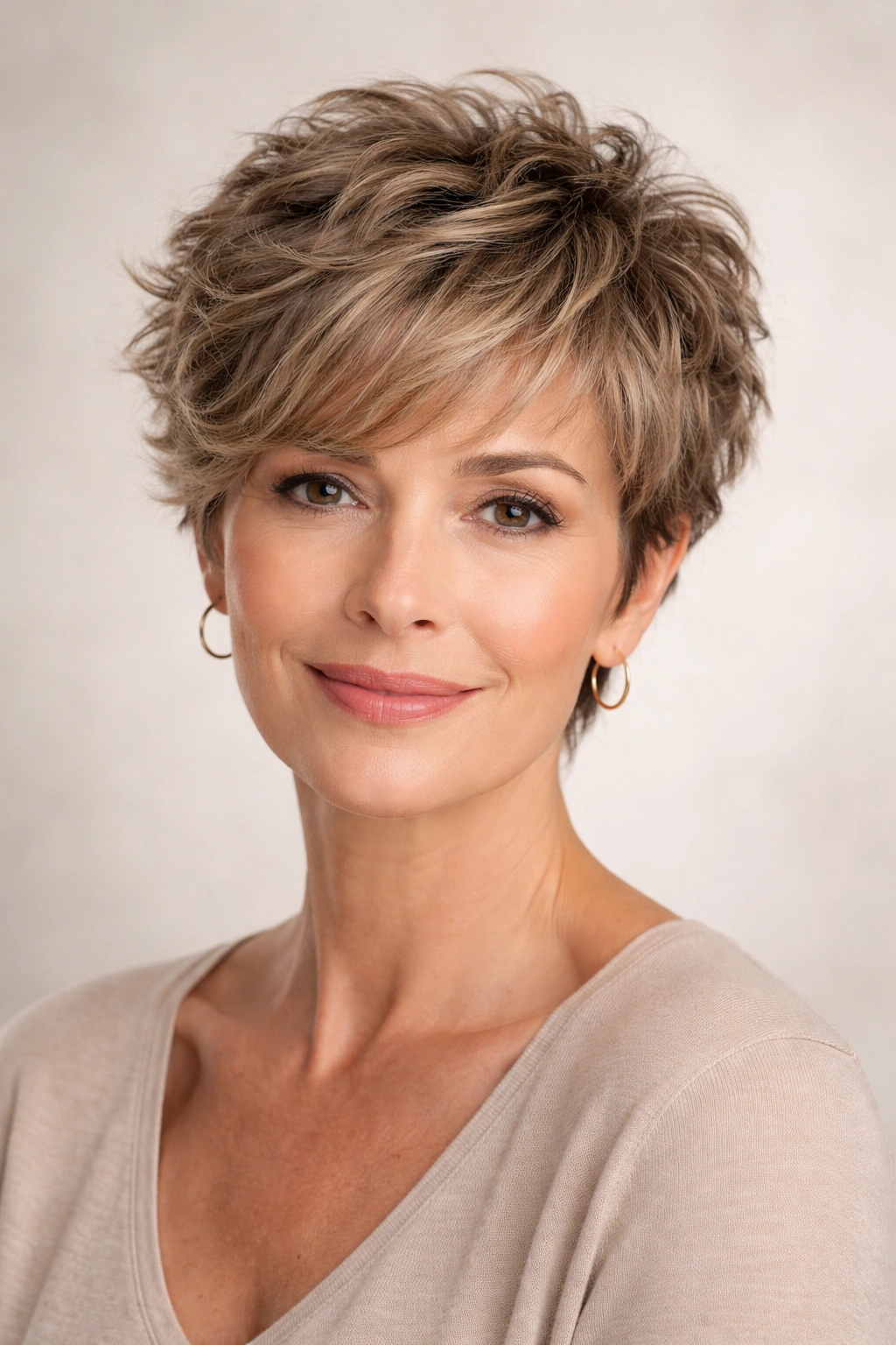 Close-up portrait of a person with a textured crop haircut showing crown variation