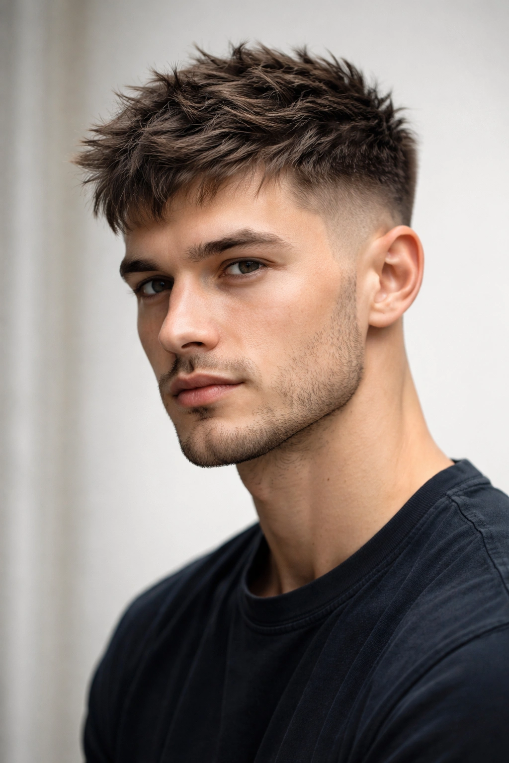 20 Really Short Haircuts Anyone Can Pull Off 8 Head-and-shoulders portrait of a person with a textured crop and short sides.