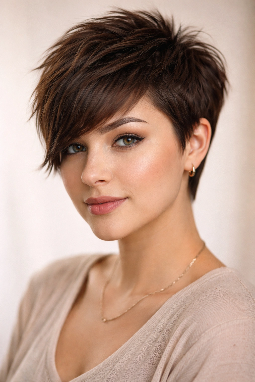25 Short Haircuts Matched To Your Face Shape 9 Close-up portrait of a person with textured crop and angled side bangs for round faces in studio light