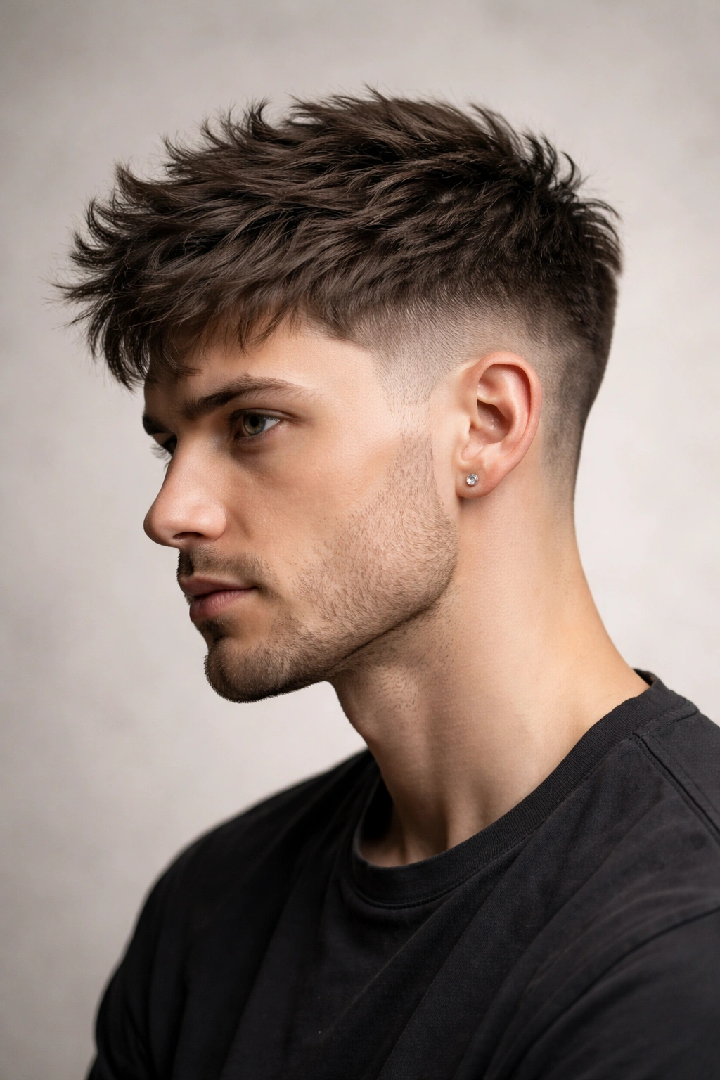 Close-up of textured crop with side fade hairstyle