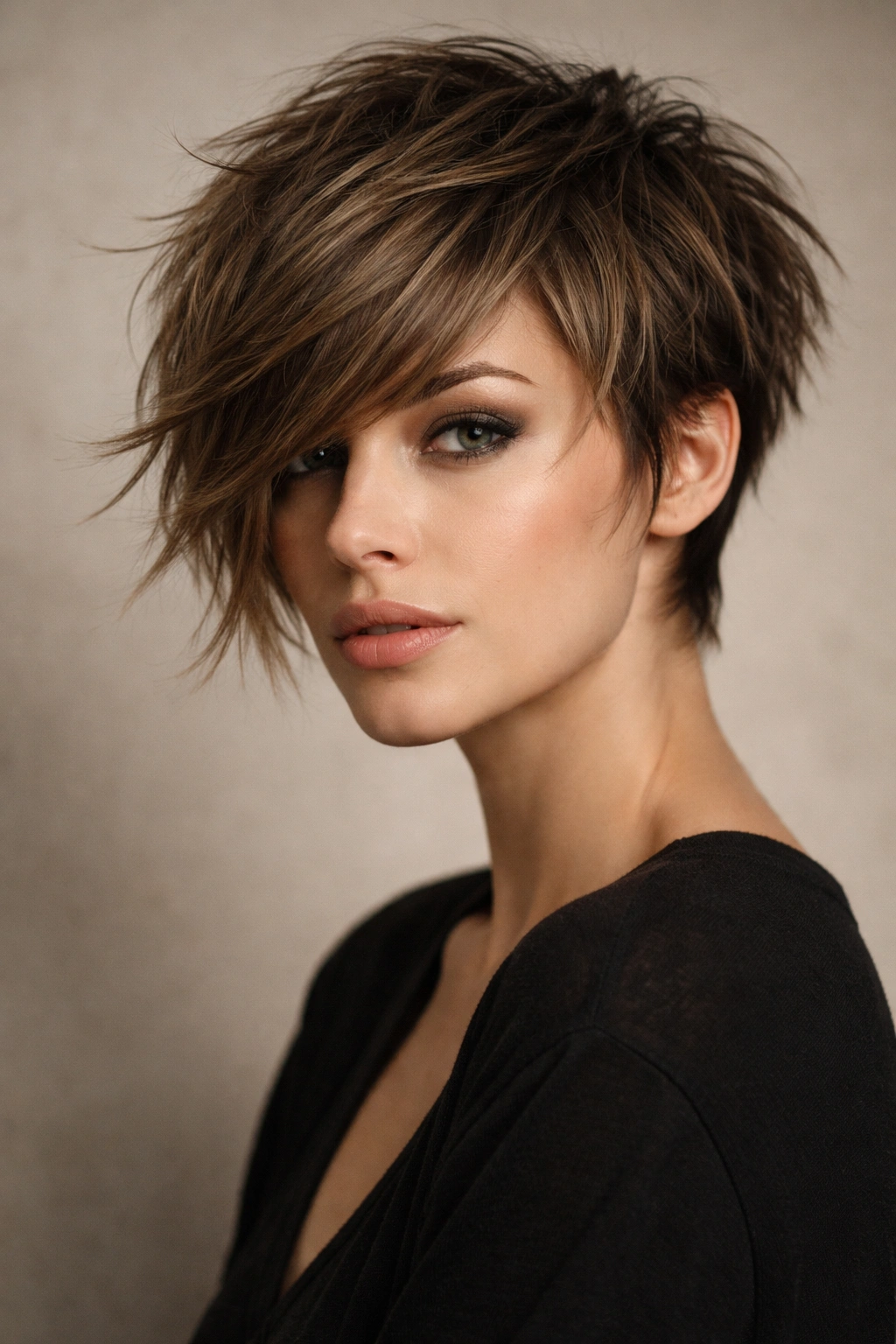 15 Medium Short Haircuts With Bangs That Flatter 15 Portrait of a person with a textured crop and side-swept bangs.