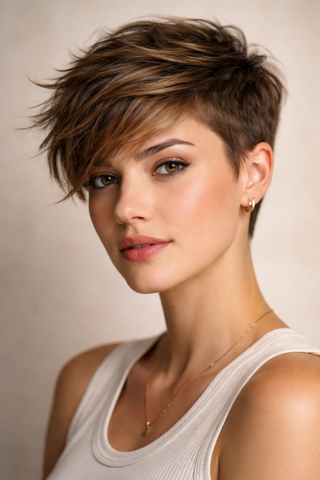 Portrait of a person with a short textured crop and a longer textured side for volume