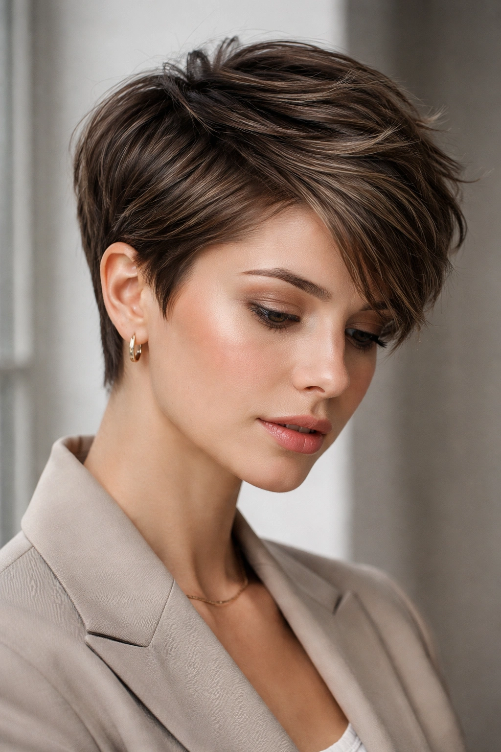 Close-up of a textured crop with depth and side-part on a model in studio lighting