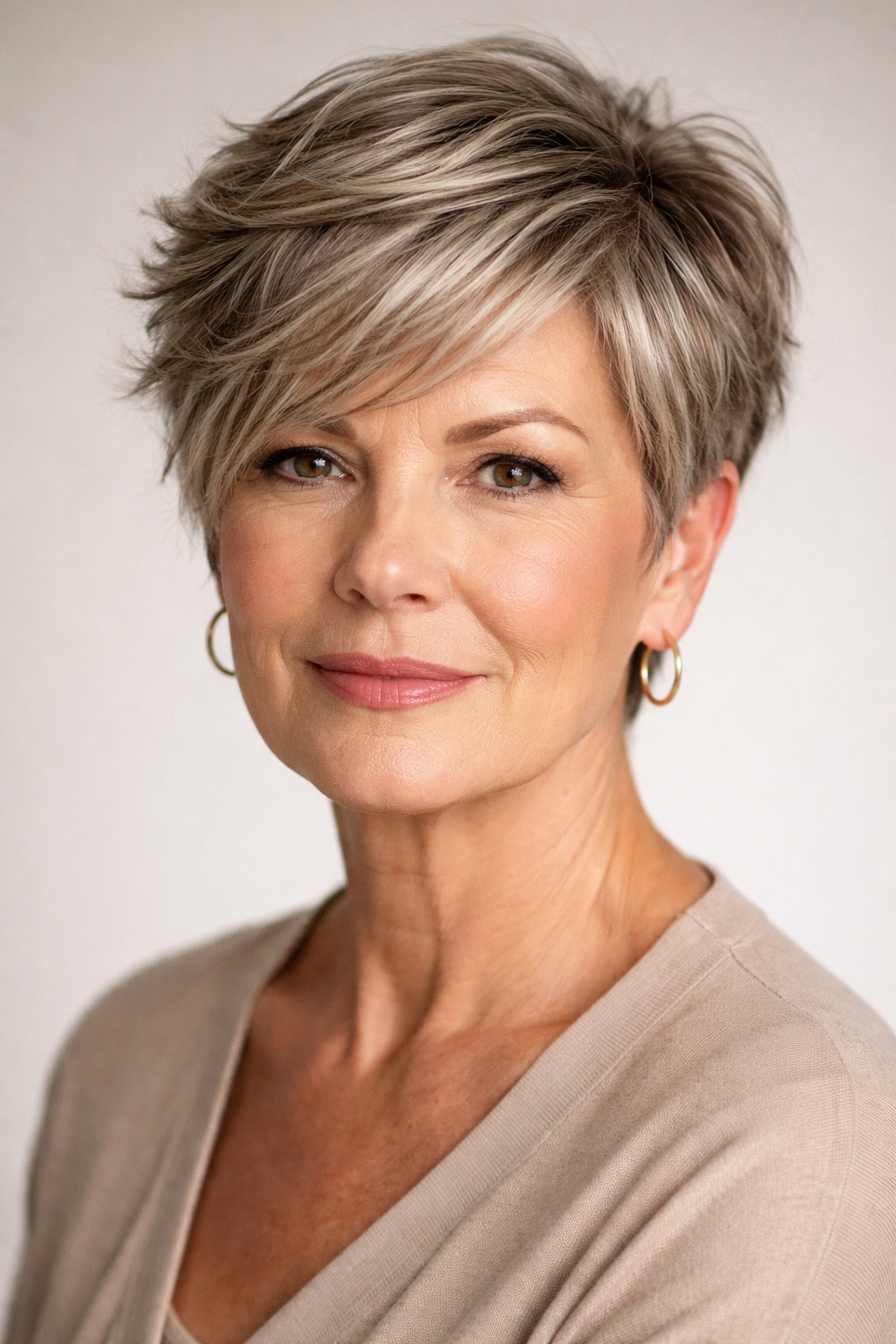 20 Haircuts For Women Over 60 By Face Shape 8 Textured crop hairstyle with side sweep on a square-faced model