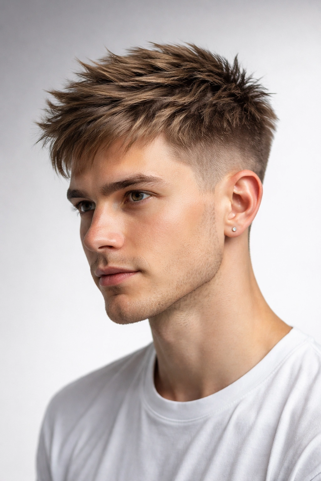 Textured crop hairstyle with choppy layers on straight hair.