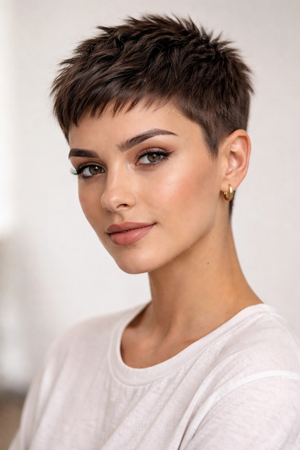 Close-up of a woman with a textured crop taper featuring short length and choppy top texture in a studio.