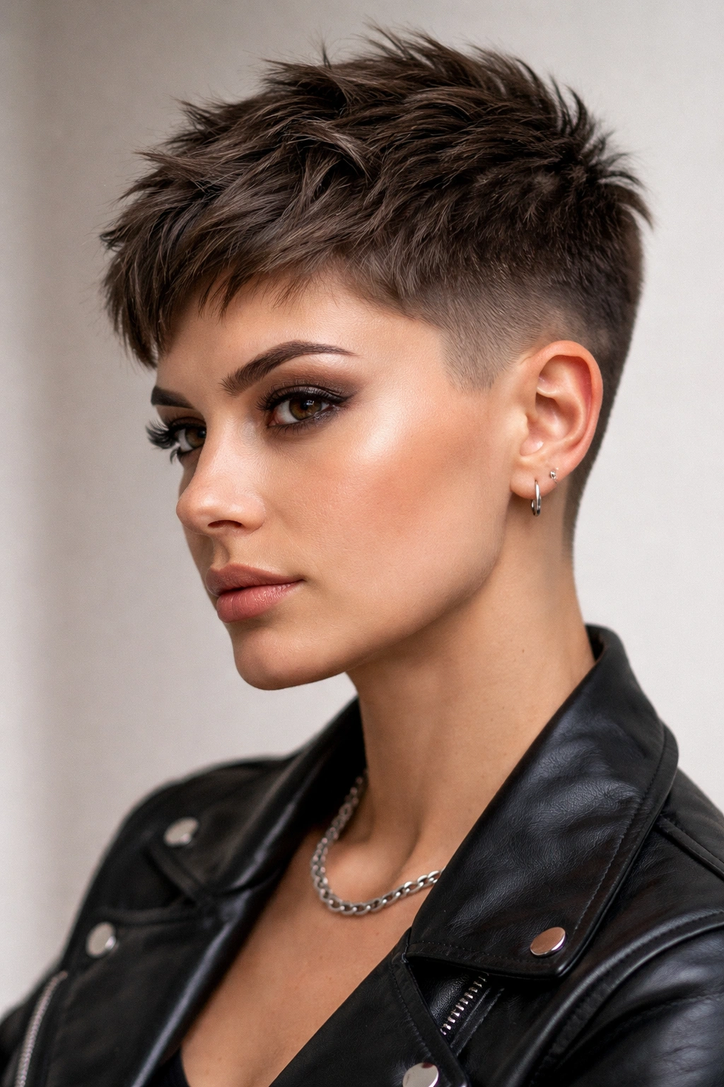 Three-quarter view of textured crop with tapered fade on the sides.