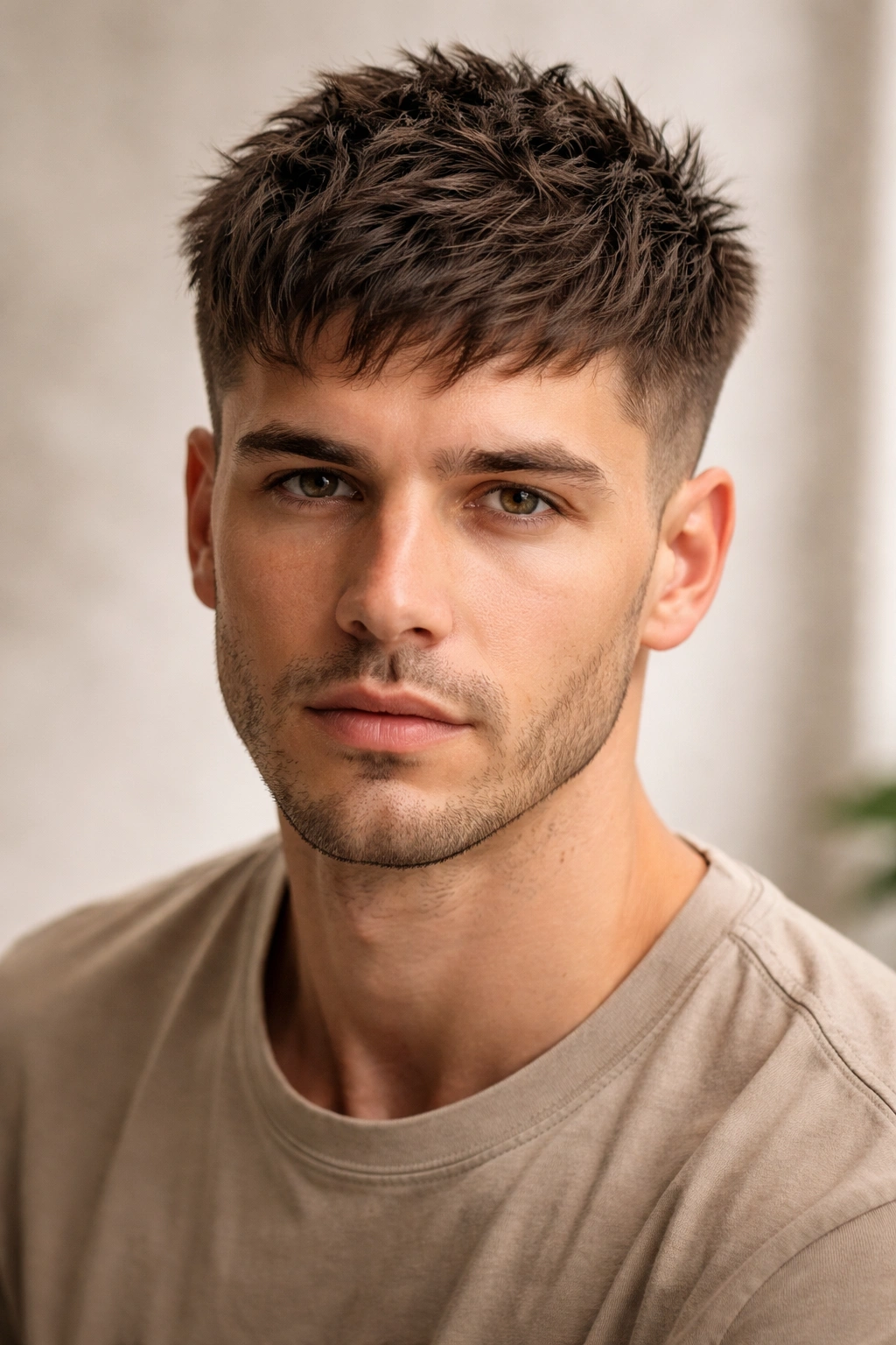 Close-up of a short cropped cut with choppy texture on thick hair