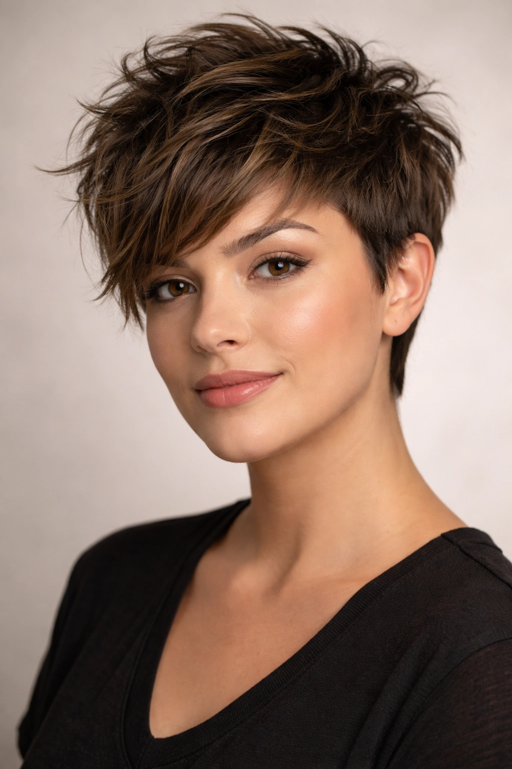 Portrait of textured crop with tousled layers and volume at the crown.