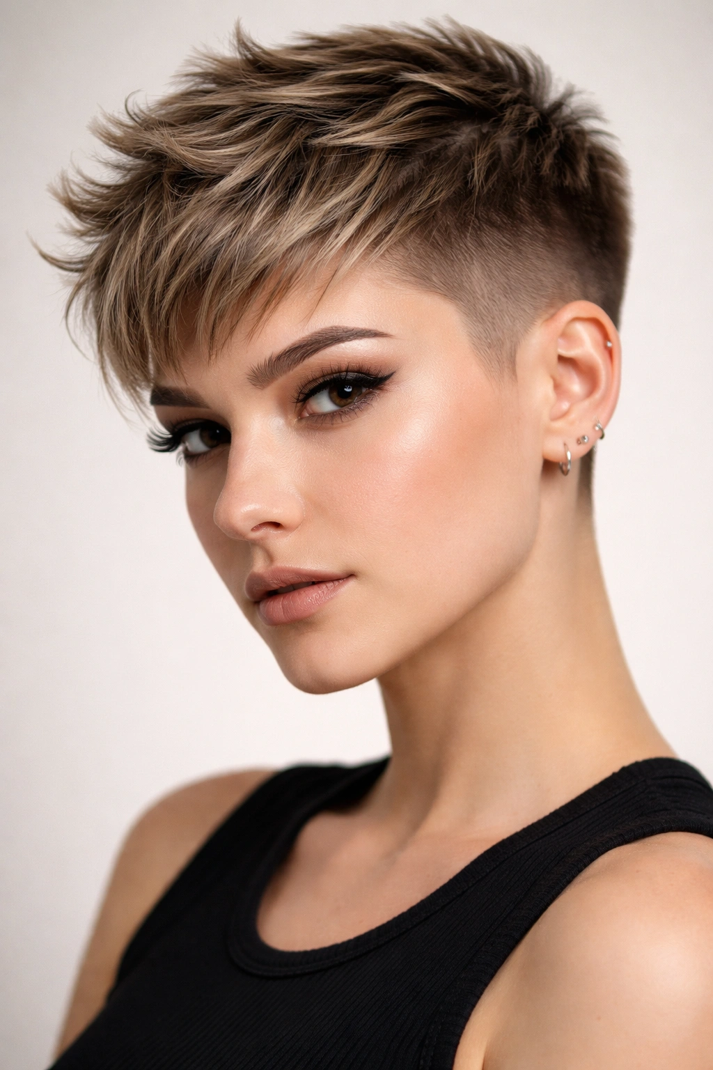Portrait of a woman with a textured crop undercut featuring choppy layers on top and clean sides.