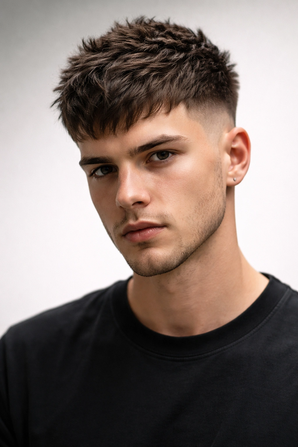 Textured crop with undercut on a model in a studio, showing top texture and shaved sides.