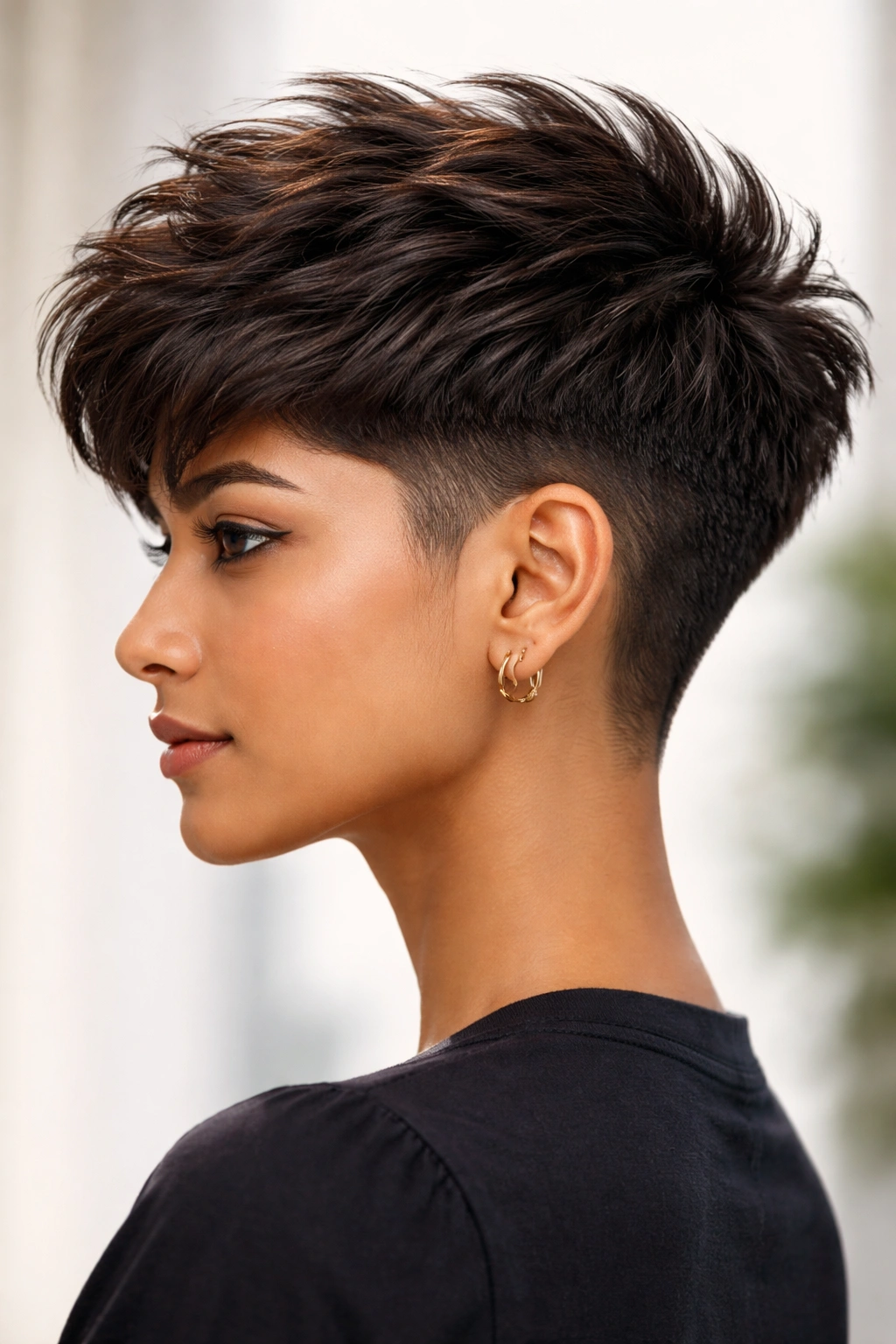 Portrait of a woman showing a textured top with a sharp undercut at the nape.