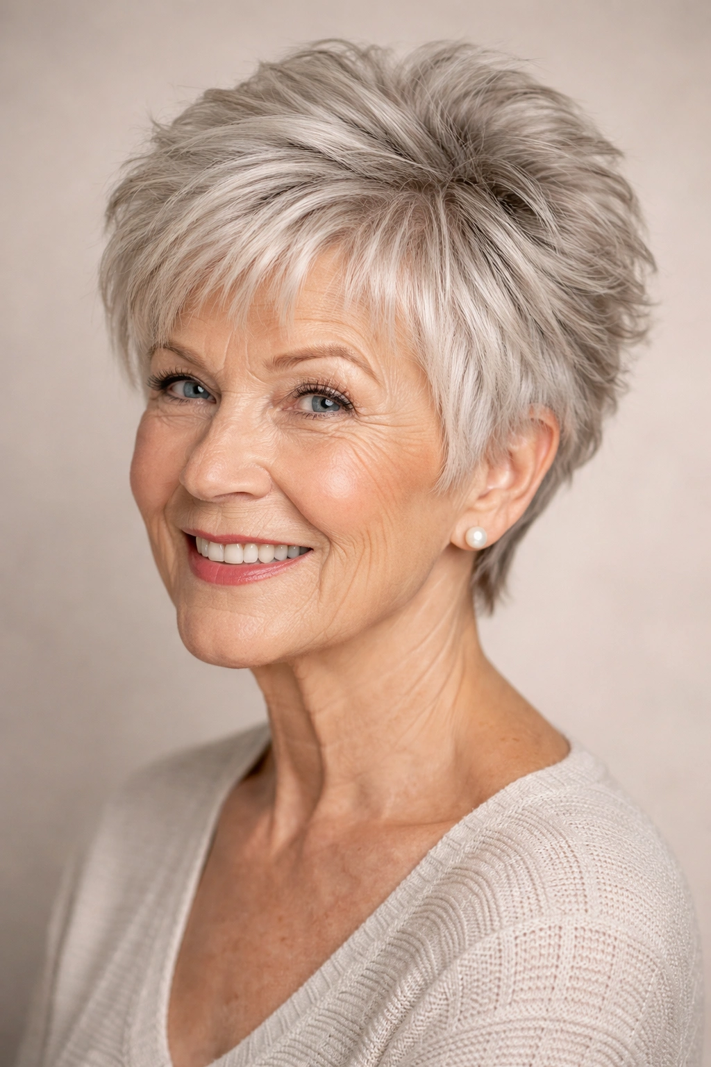 Close-up of a woman with a textured crop showing layered ends and lifted crown.