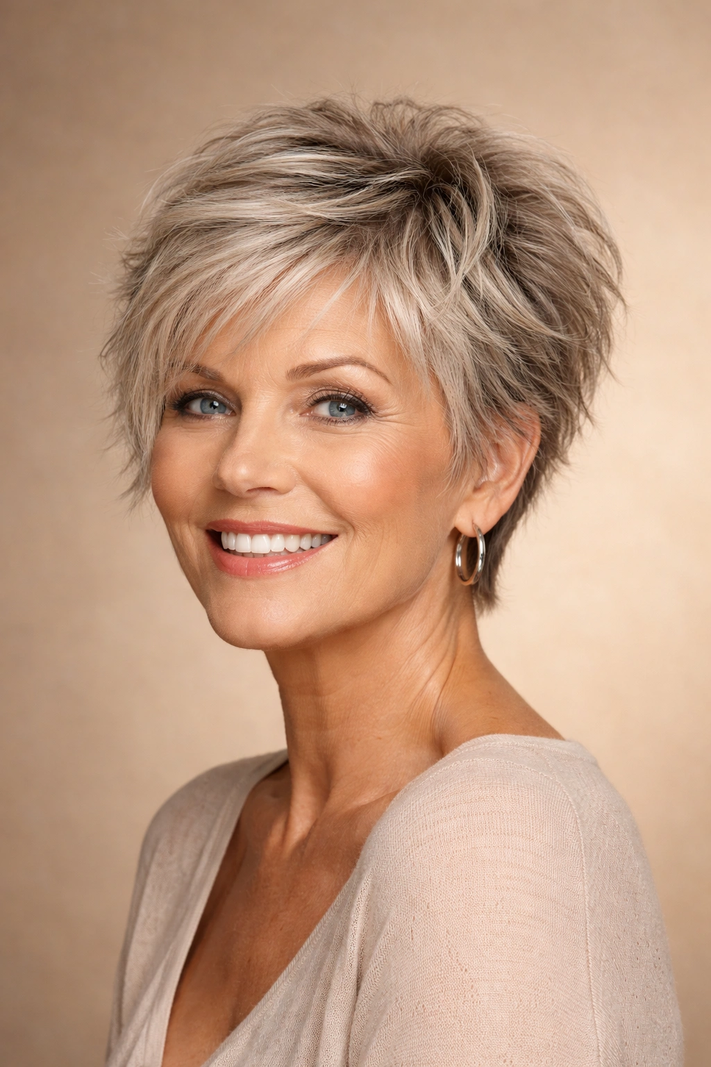 Mature woman with a short textured crop and voluminous layers.