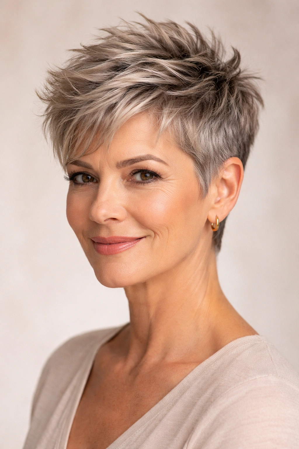 Close-up of a thick-haired model with a textured cropped hairstyle and volume on top
