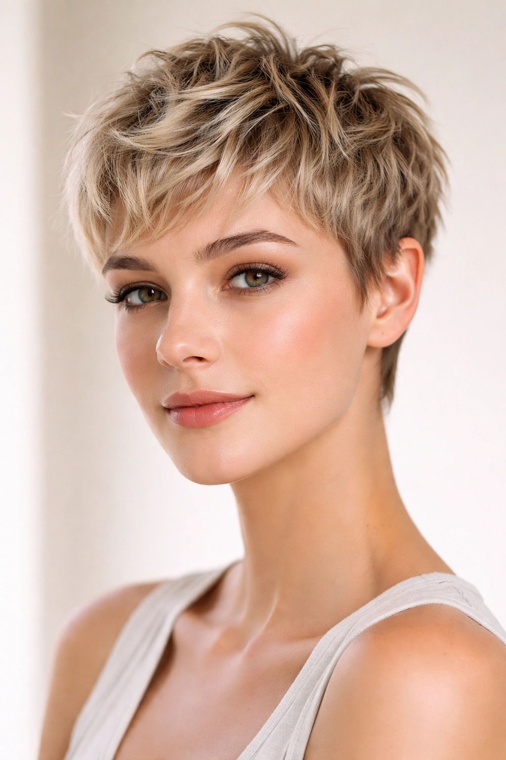 Close-up of a head with a short textured crop and soft waves