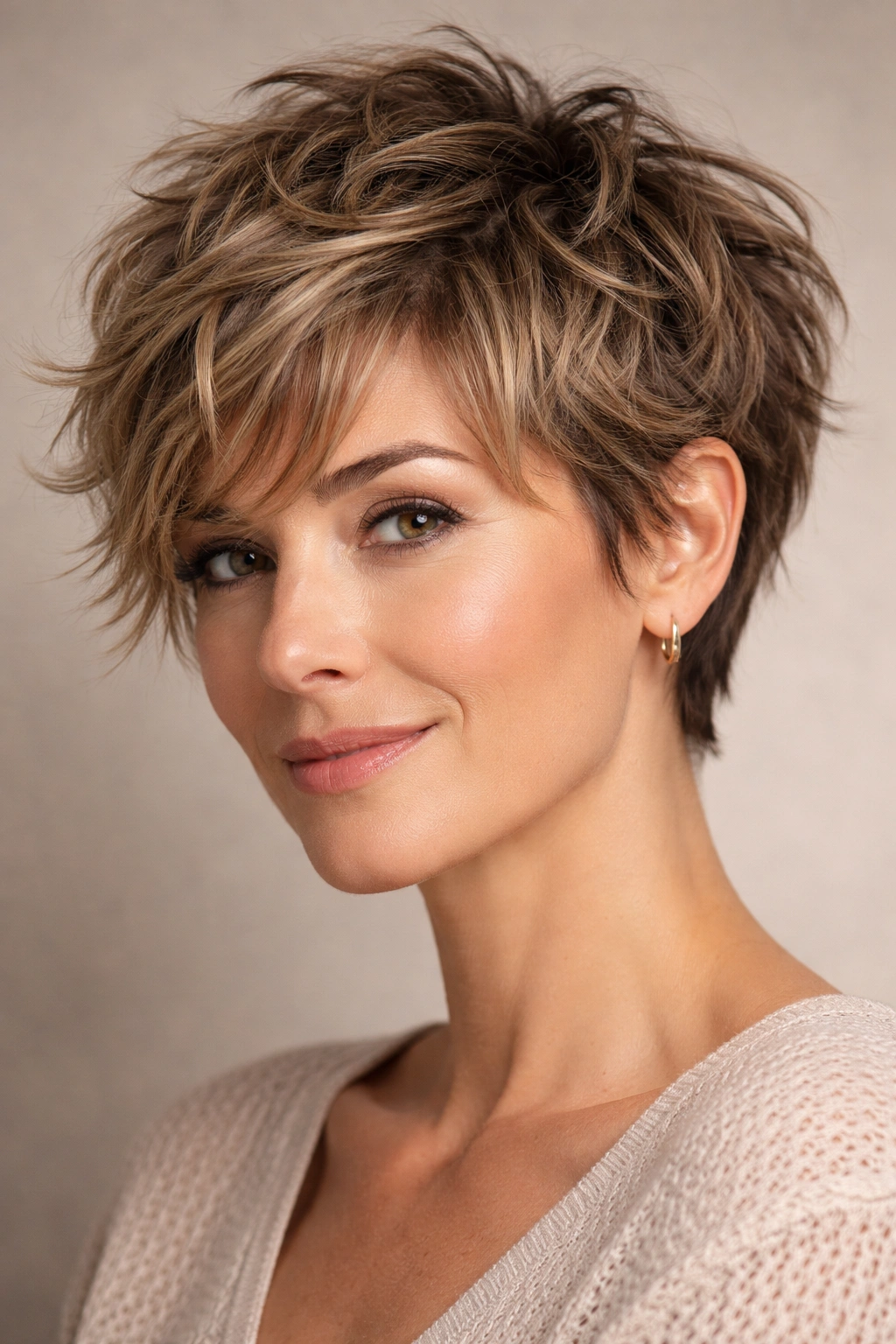 Close-up of a woman with a short textured crop highlighting choppy layers and natural waves