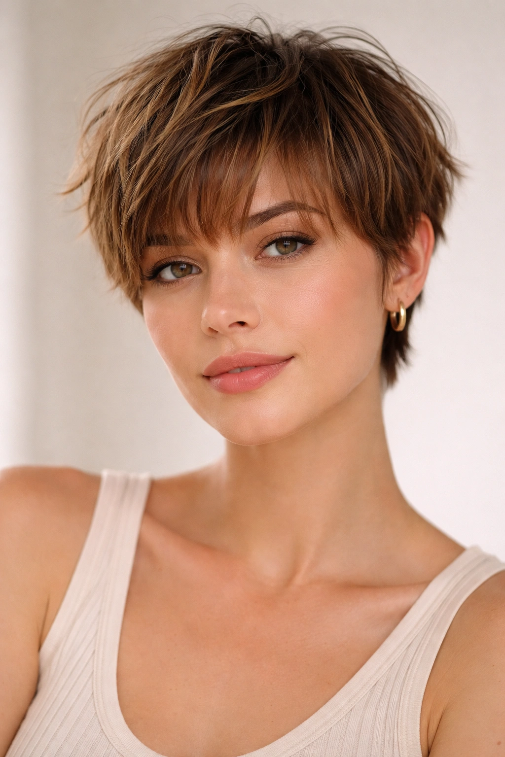 15 Hairstyles That Complement A Longer Face Shape 8 Portrait of Textured Crop with Wispy Bangs showing short textured cut and wispy bangs