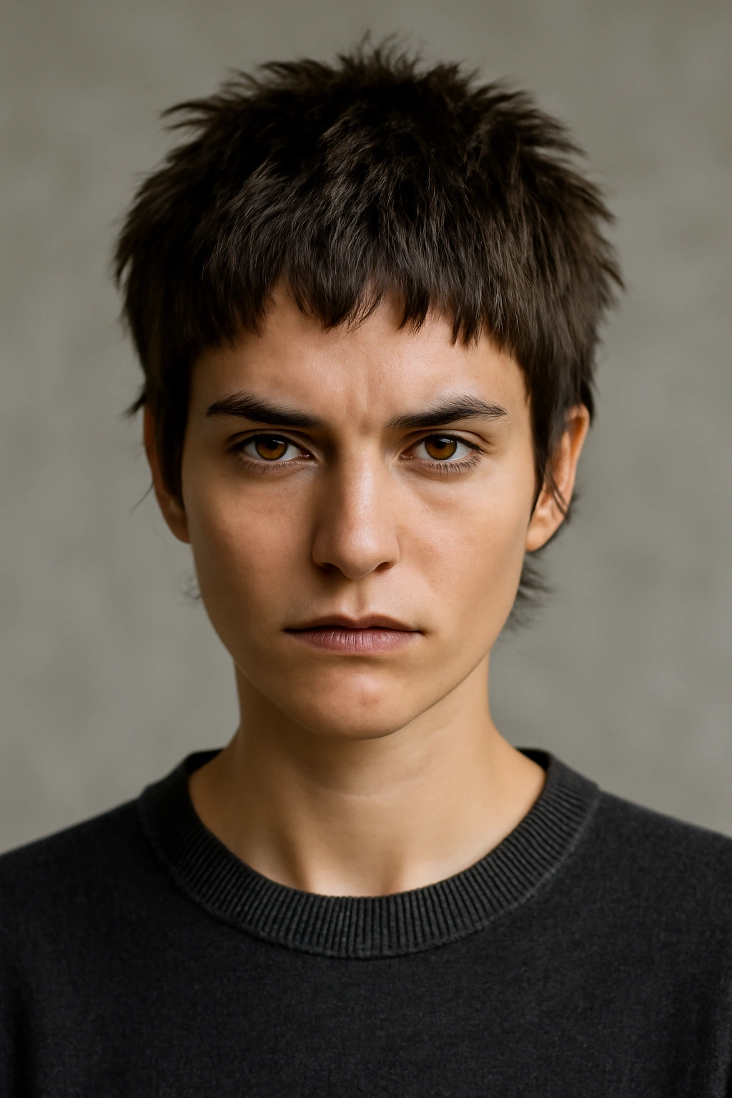 12 Wolf Cuts That Make Short Hair Look So Cool 6 Model with a short, highly textured crop wolf cut showing pronounced chop.
