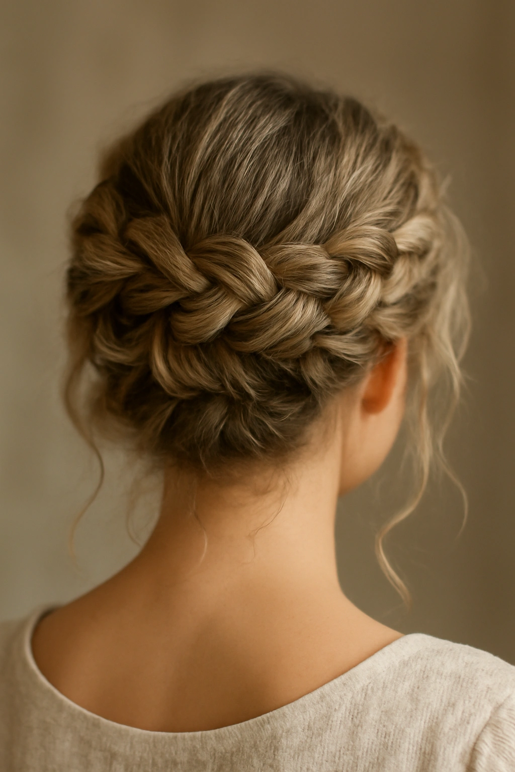Textured crown braid wrapped around the head with soft volume