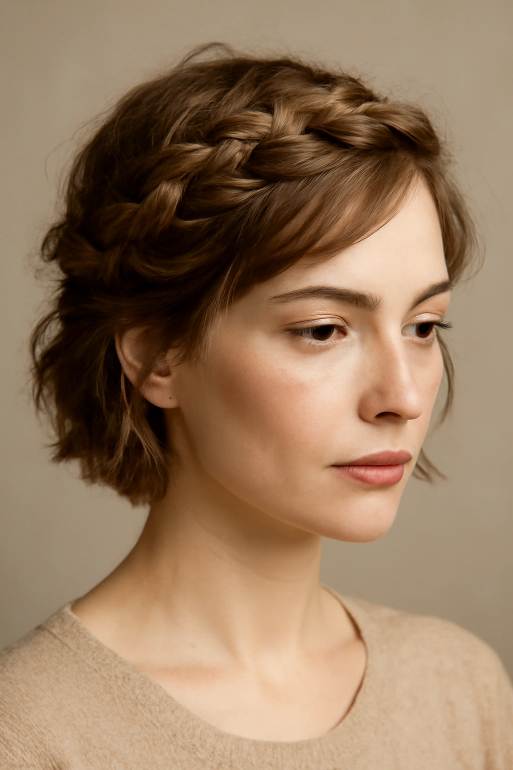 10 Gorgeous Night Out Hairstyles for Short Hair 2 Textured crown braid encircling the head with a soft back halo