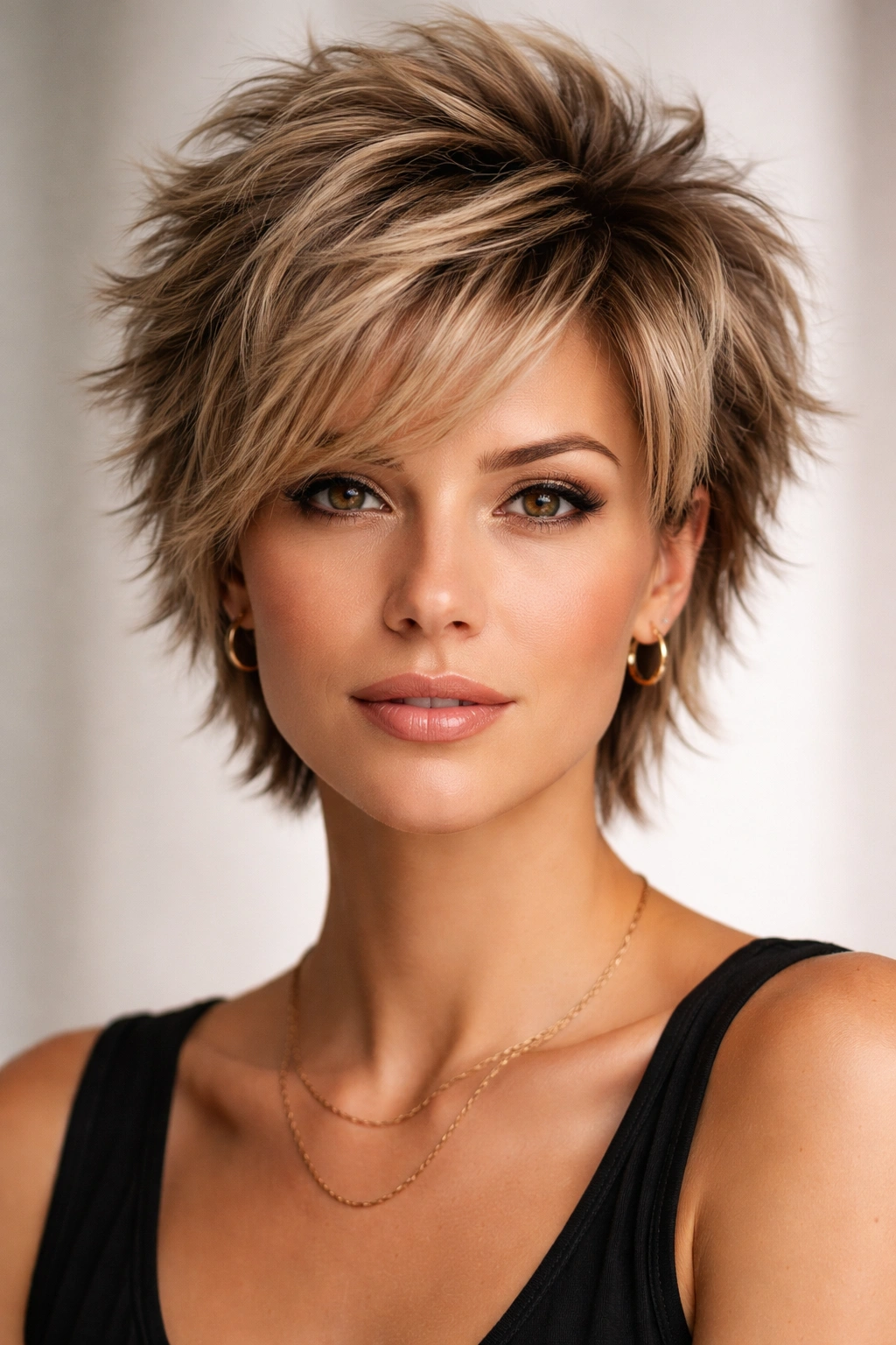 10 Feathered Short Haircuts With Soft Wispy Layers 6 Voluminous crown with feathered sides on a model’s short hairstyle.