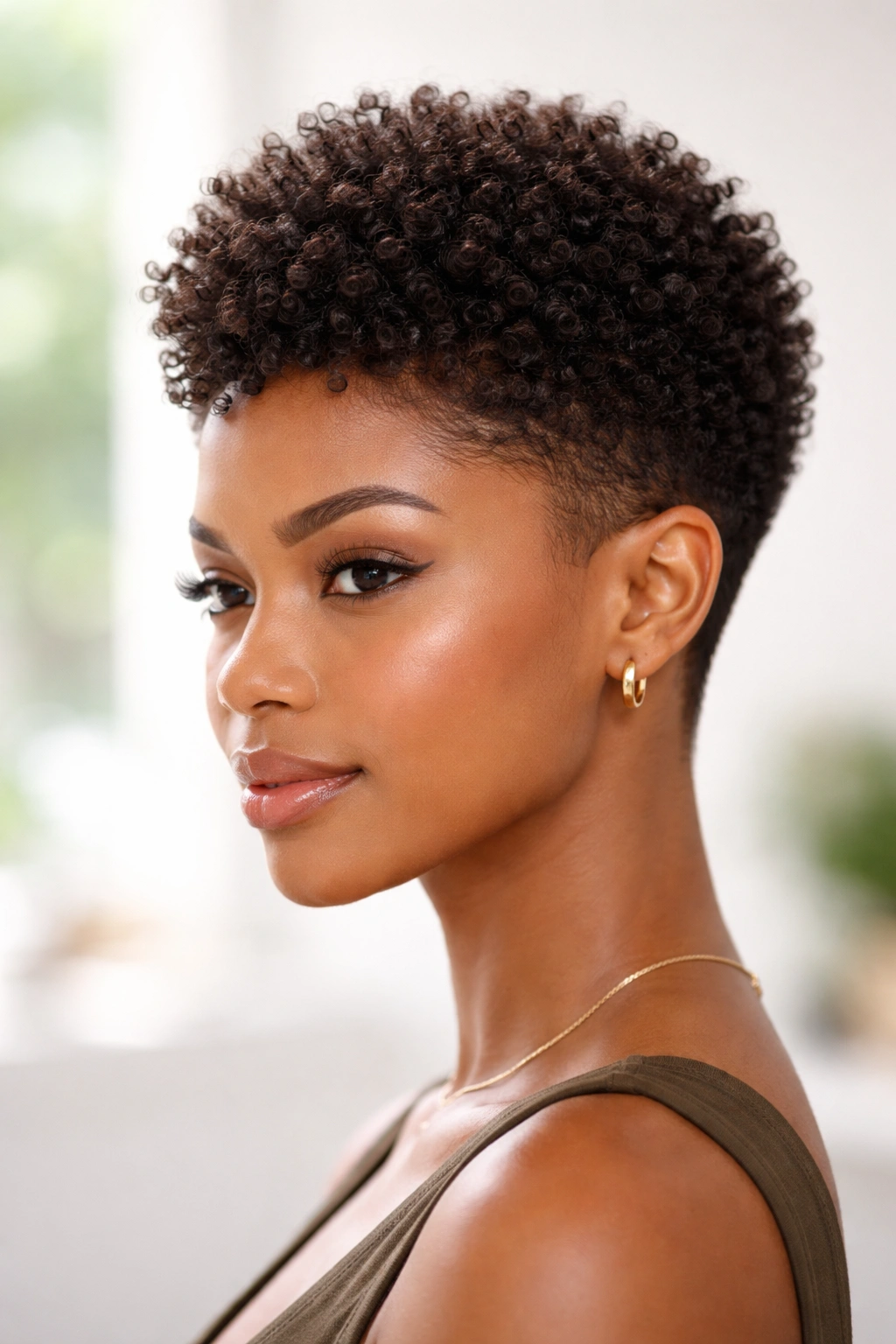 Close-up of a textured crown on a short Afro with visible curl pattern