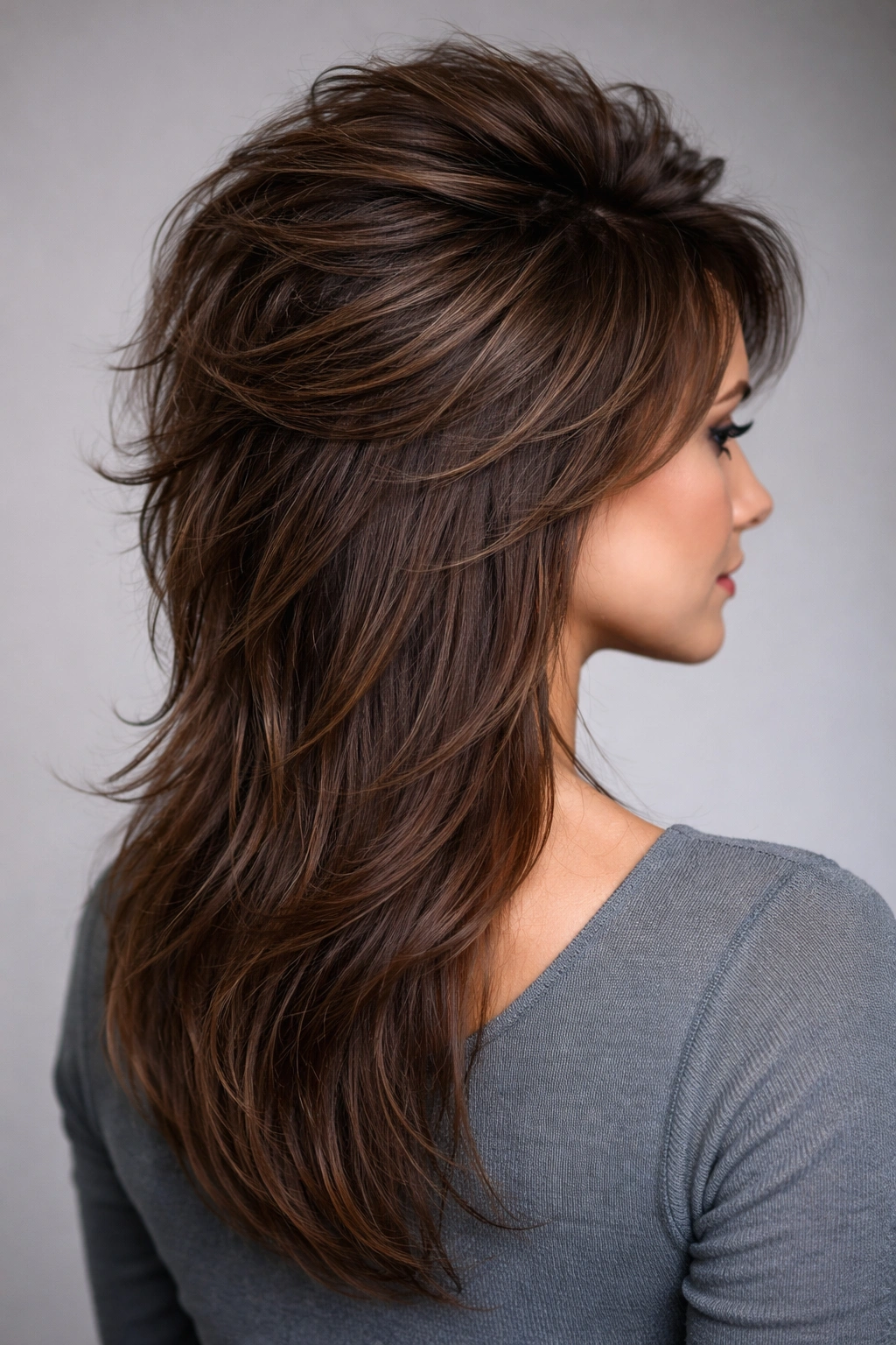 Close-up of textured crown with longer length hair showing crown volume and tapered back
