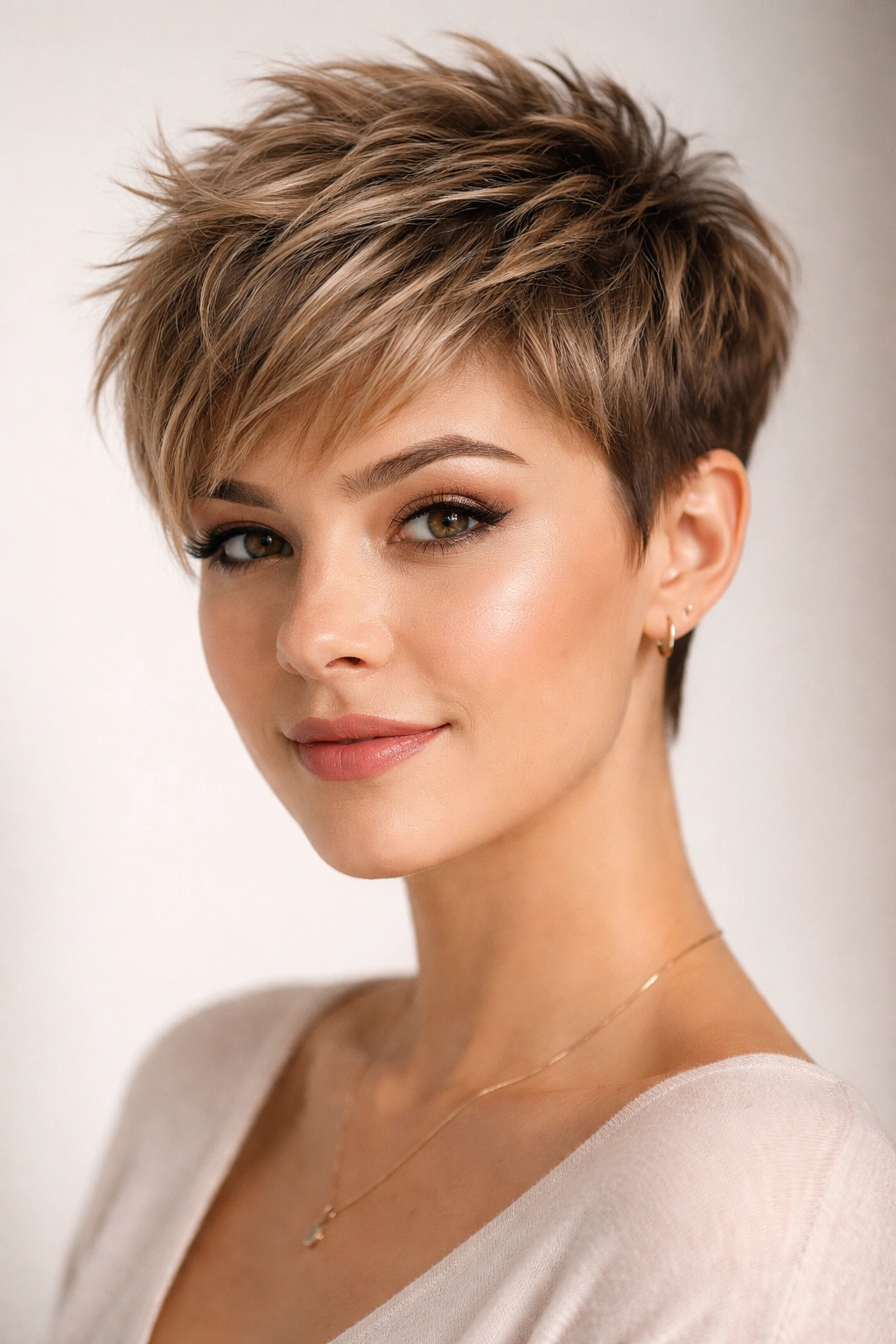 Model with textured crown pixie showing height and choppy layers