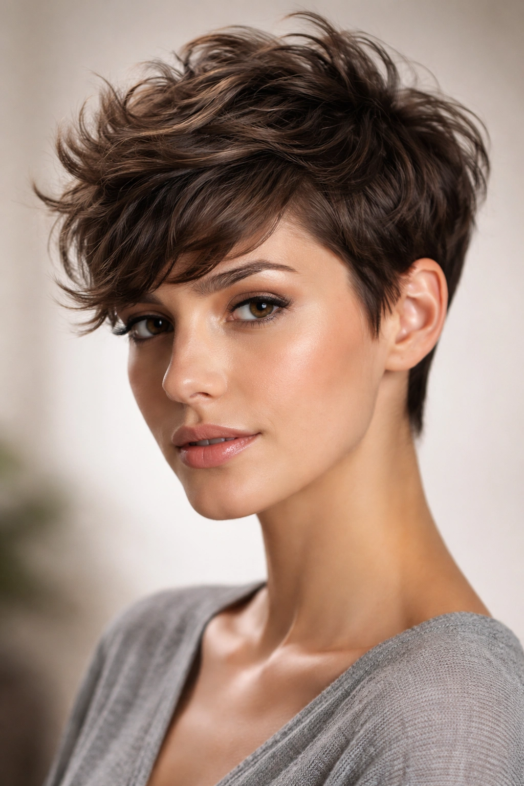 Close-up showing crown-dominant textured waves on a pixie.