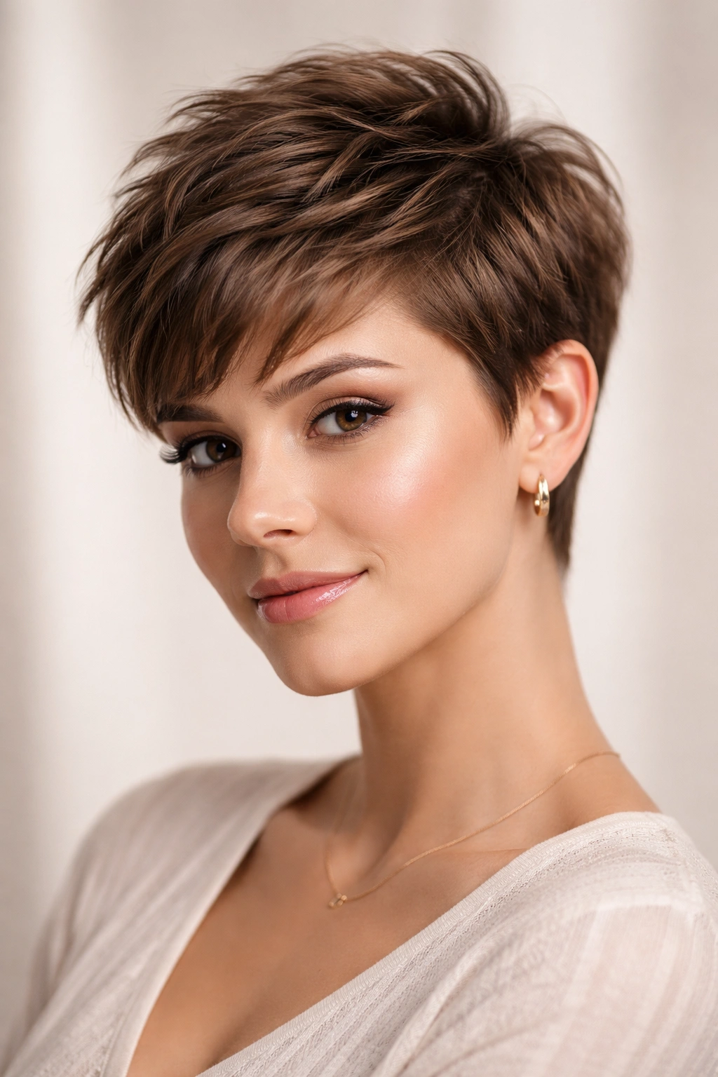 Close-up of a textured crown pixie cut with layered top and short sides