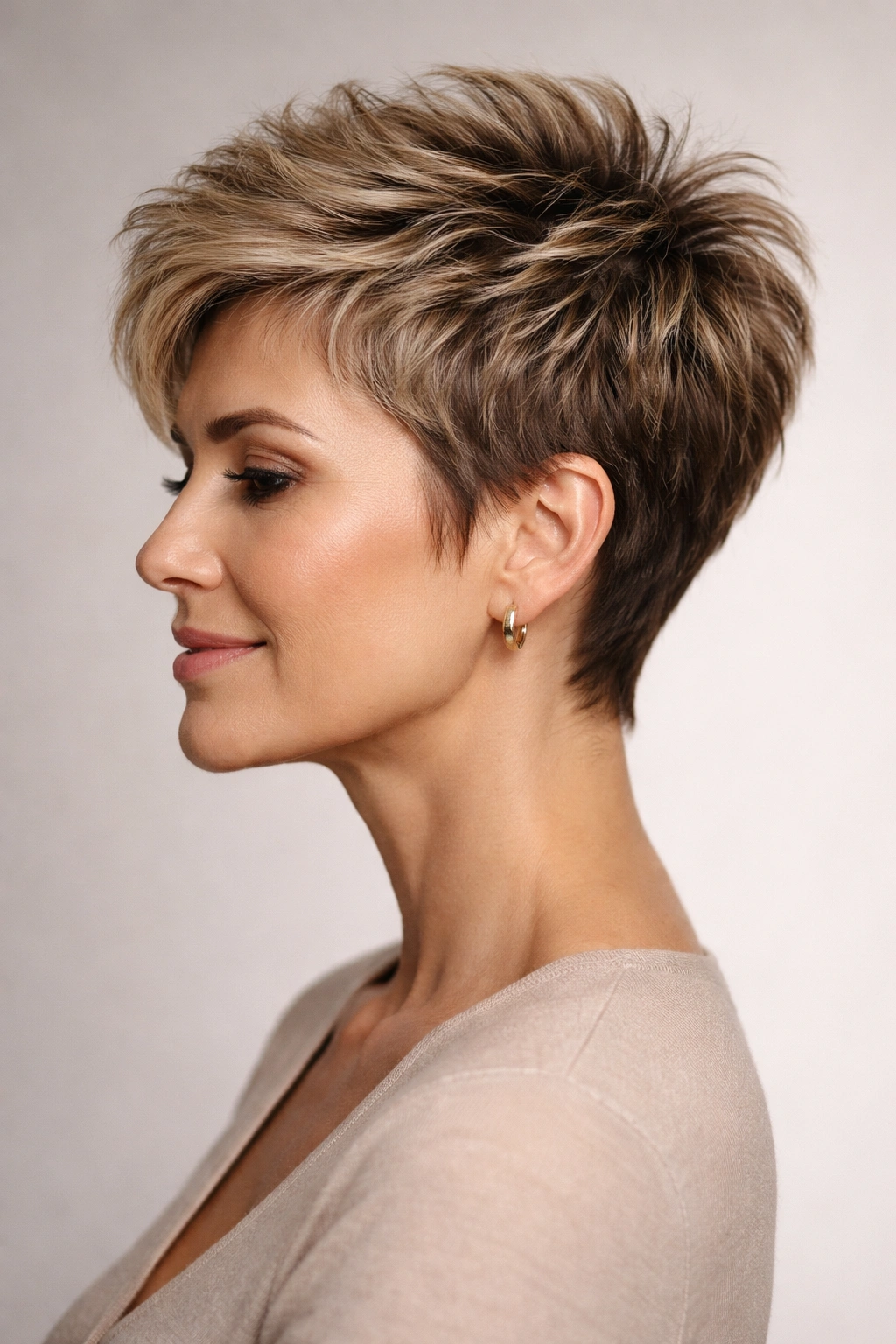 Close-up portrait of a woman with a textured crown pixie showing crown lift and layered top for volume