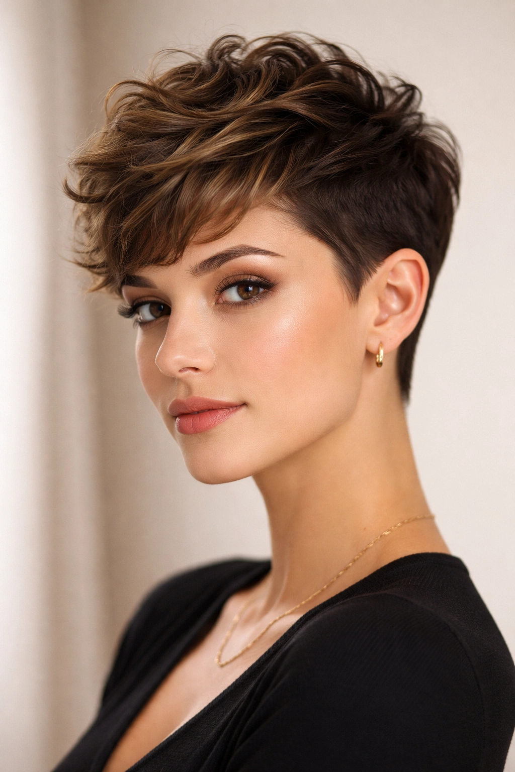 Textured crown pixie with sleek sides and waves at the crown.