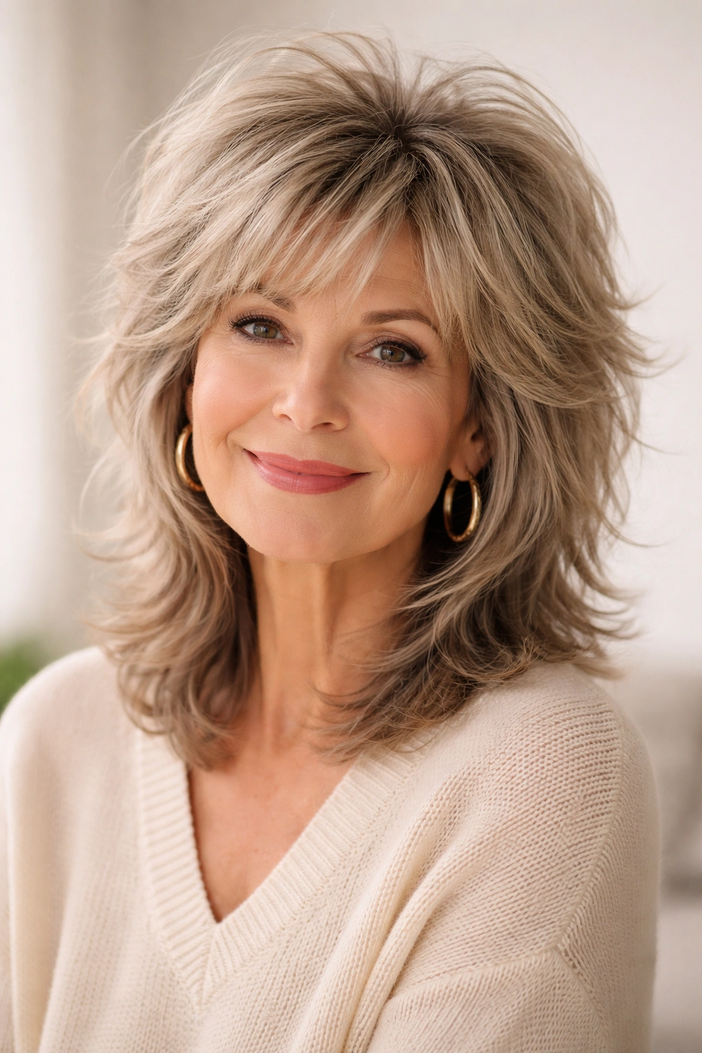 Mature woman with textured crown shag showing lift at the crown