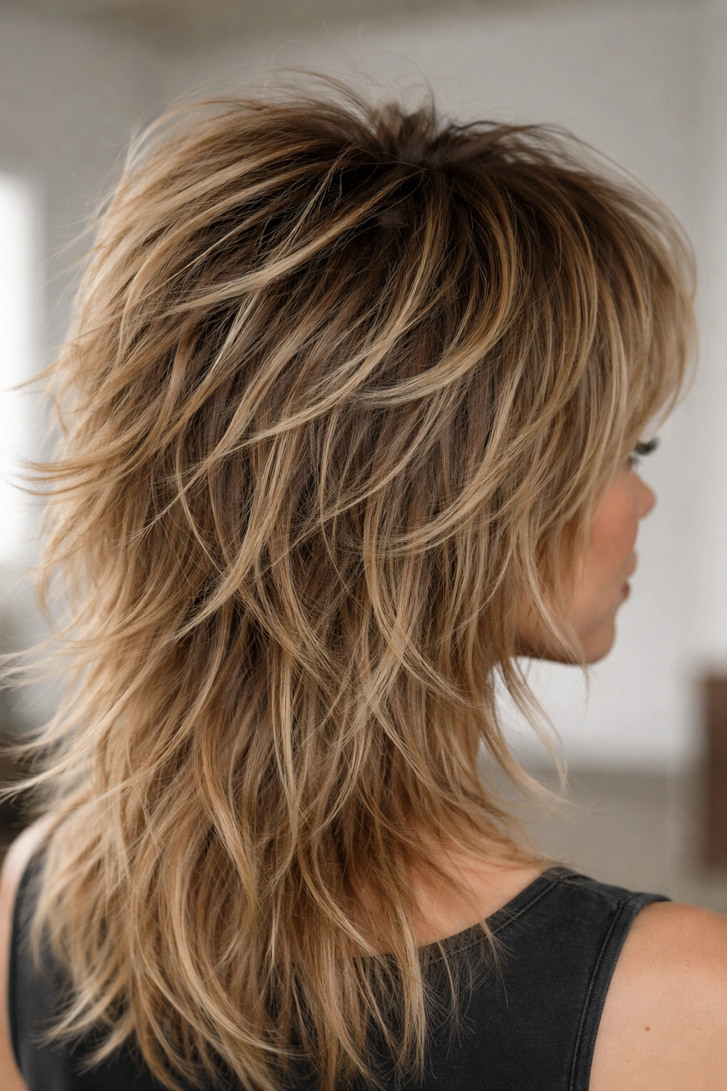 18 Textured Shag Layered Cuts With Great Movement 6 Close-up crown with lifted textured layers giving volume in shag hairstyle